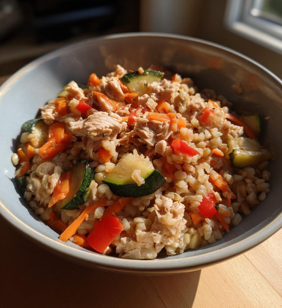 Bowl di riso integrale con tonno e verdure