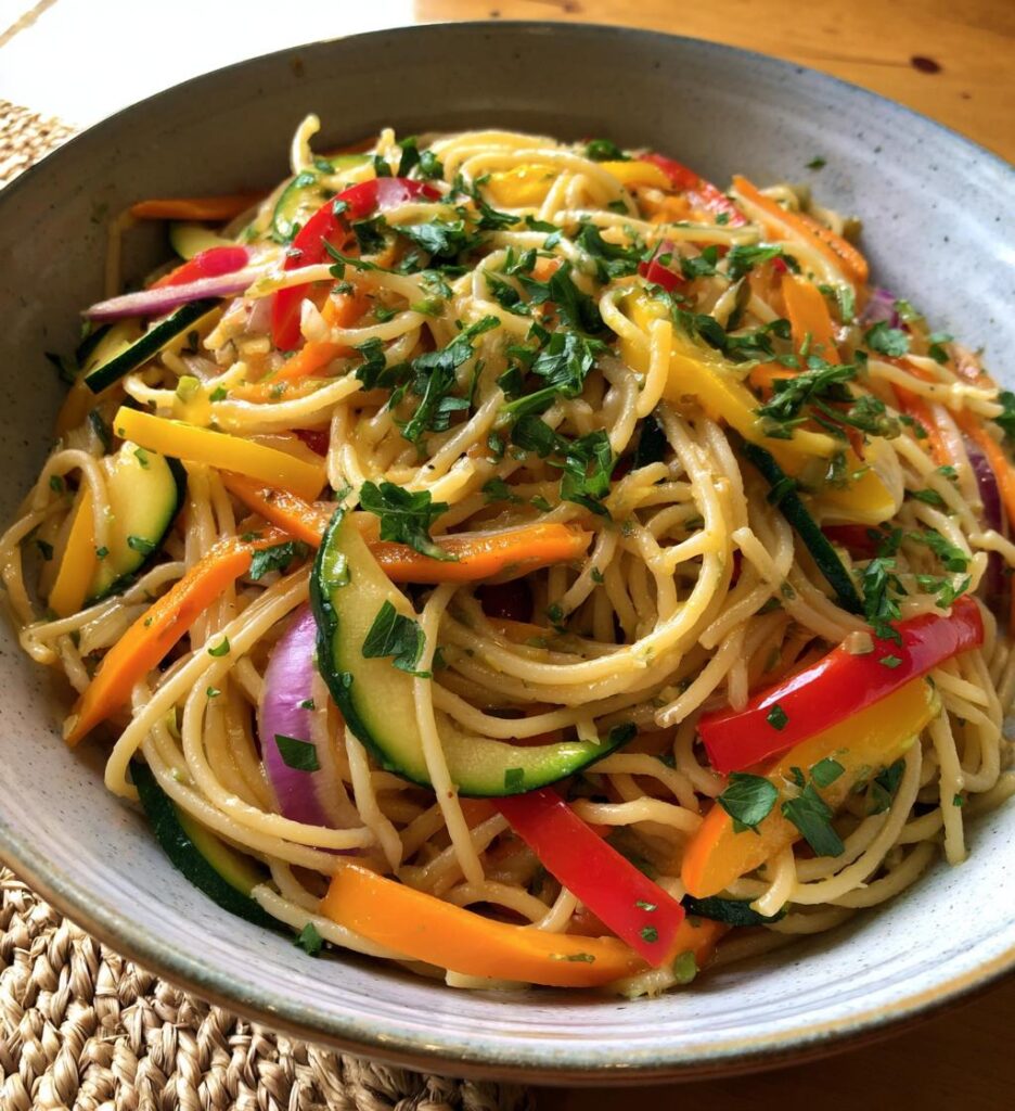 Spaghetti integrali con verdure saltate