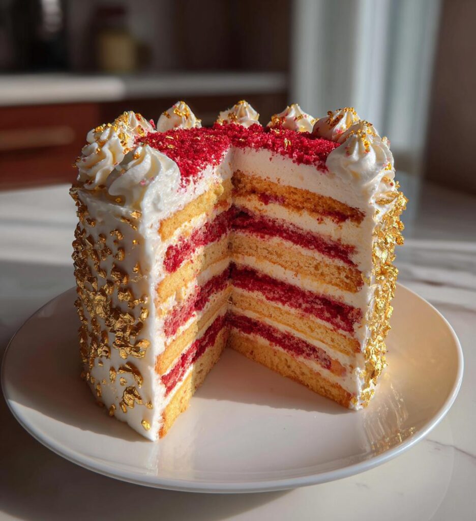 Torta elegante a più piani con decorazioni in oro e rosso
