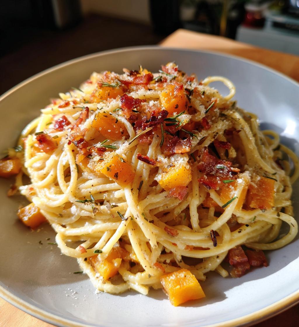 Pasta con zucca e pancetta croccante